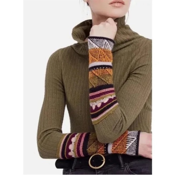 Free People Ribbed Sweater | XS | Olive Green | Statement Sleeves cowl neck - Picture 2 of 6